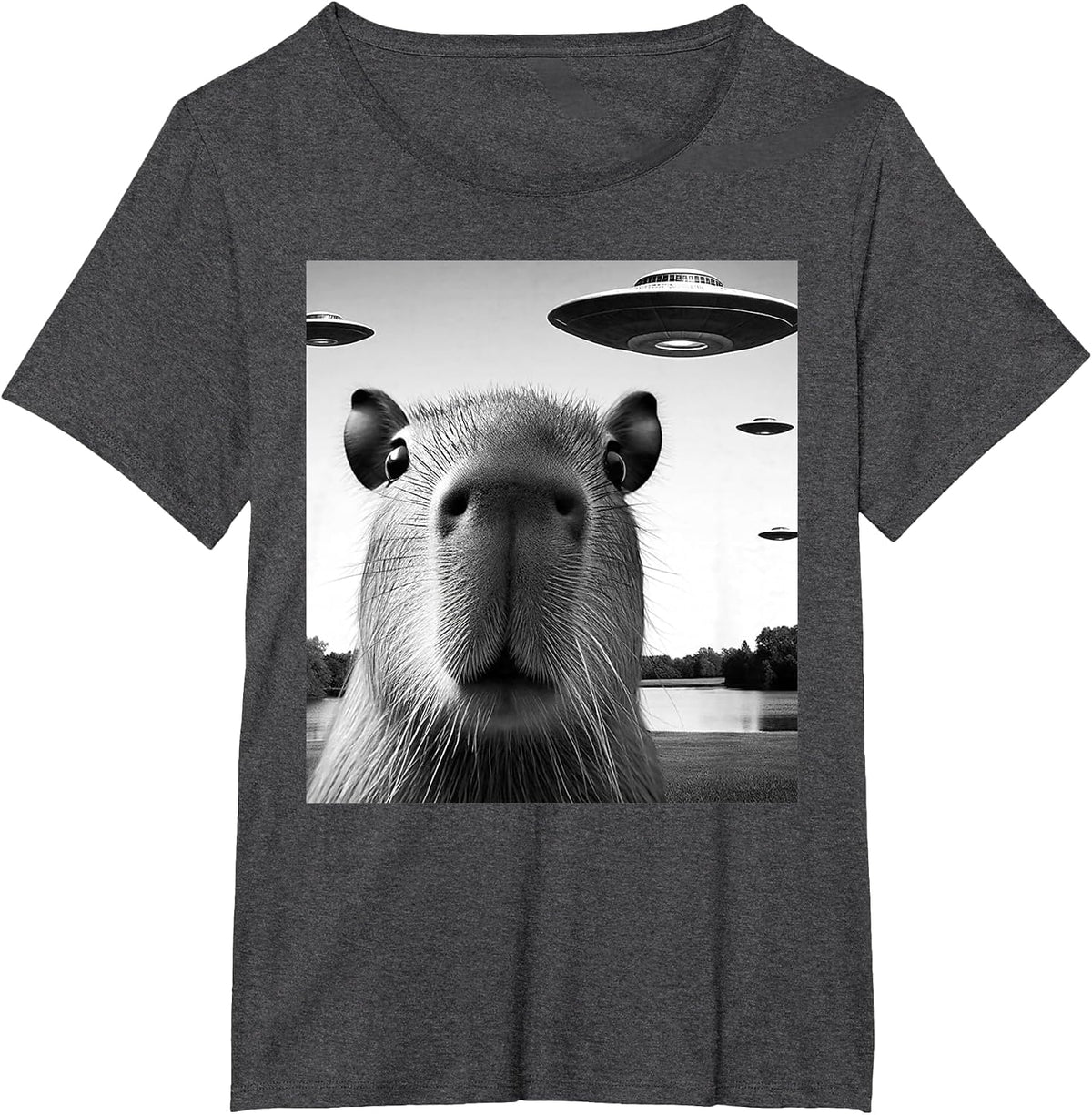 Funny Capybara Selfie with UFOs Weird Graphic T-Shirt - Dark Heather Grey