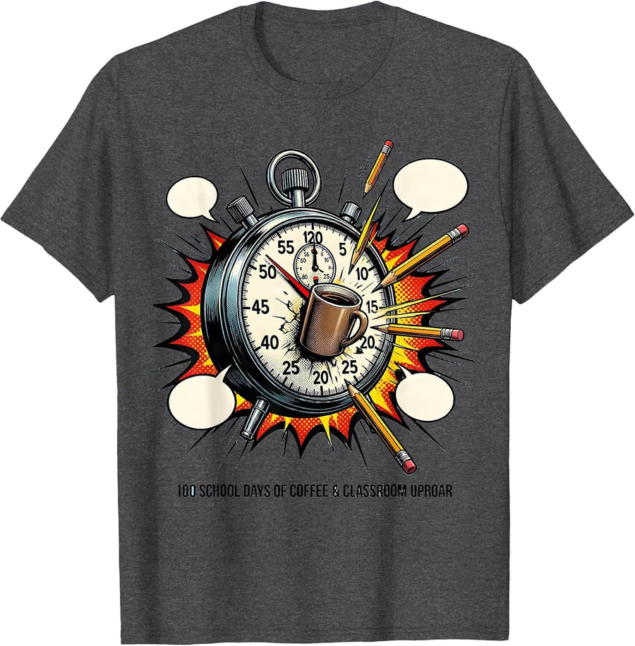 Men's 100 School Days Of Coffee & Classroom Uproar Teacher T-Shirt - Dark Heather Grey