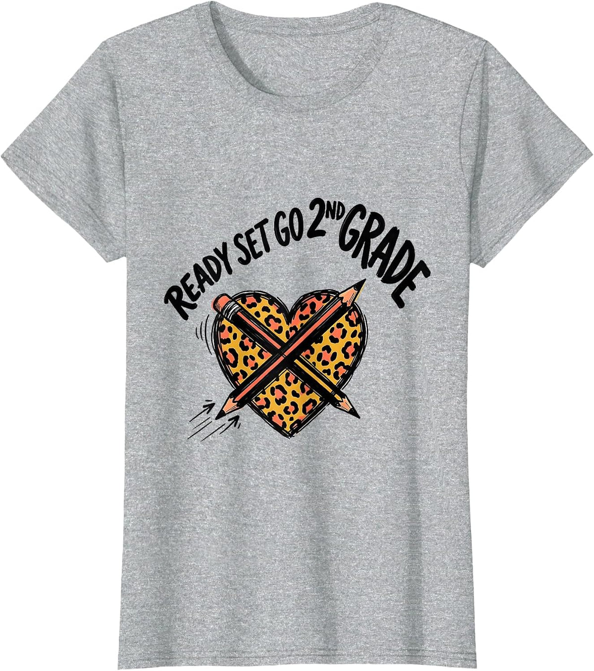 Ready Set Go 2nd Grade Leopard Heart Back To School Girl T-Shirt - Heather Grey
