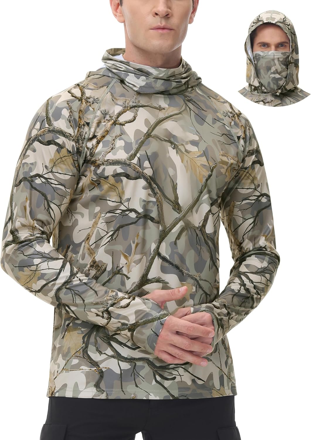FISHEAL Mens Camo Hunting Shirt, UPF 50+ Long Sleeve Hoodie with Mask - Autumn Forest