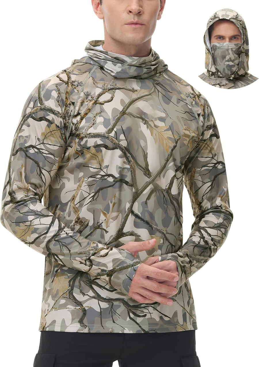FISHEAL Mens Camo Hunting Shirt, UPF 50+ Long Sleeve Hoodie with Mask - Autumn Forest