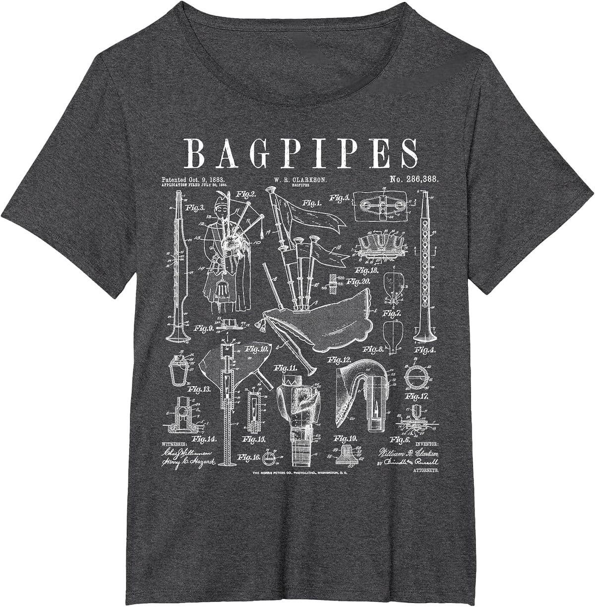 Bagpipes Bagpiper Bagpipe Player Vintage Patent Musician T-Shirt - Dark Heather Grey