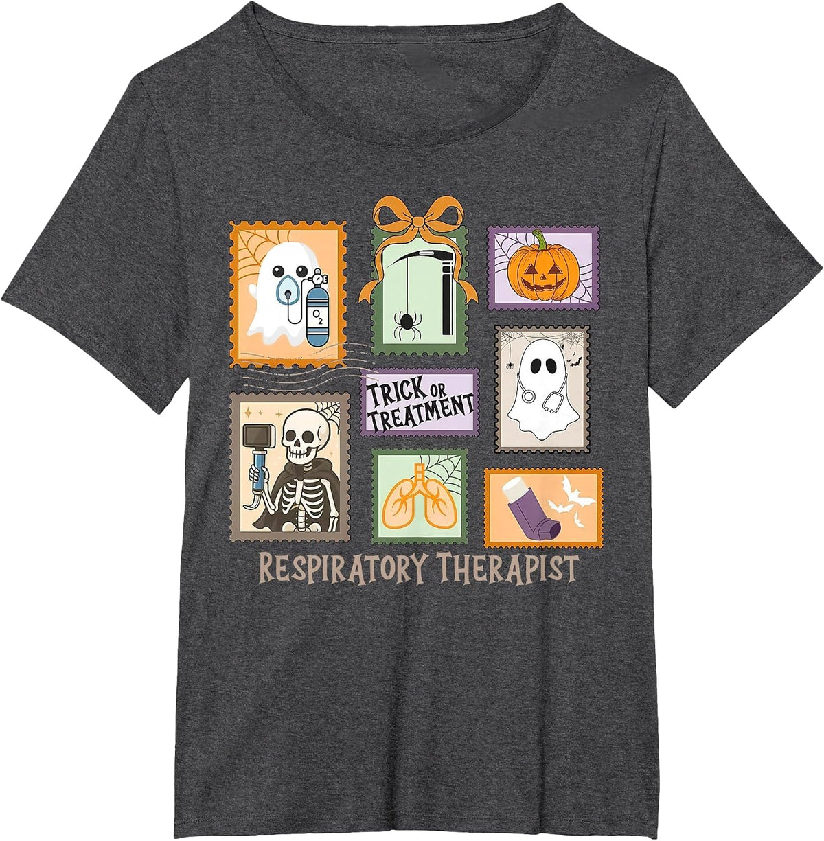 Trick Or Treat Respiratory Therapy Stamp Ghost RT Halloween T-Shirt - Dark Heather Grey