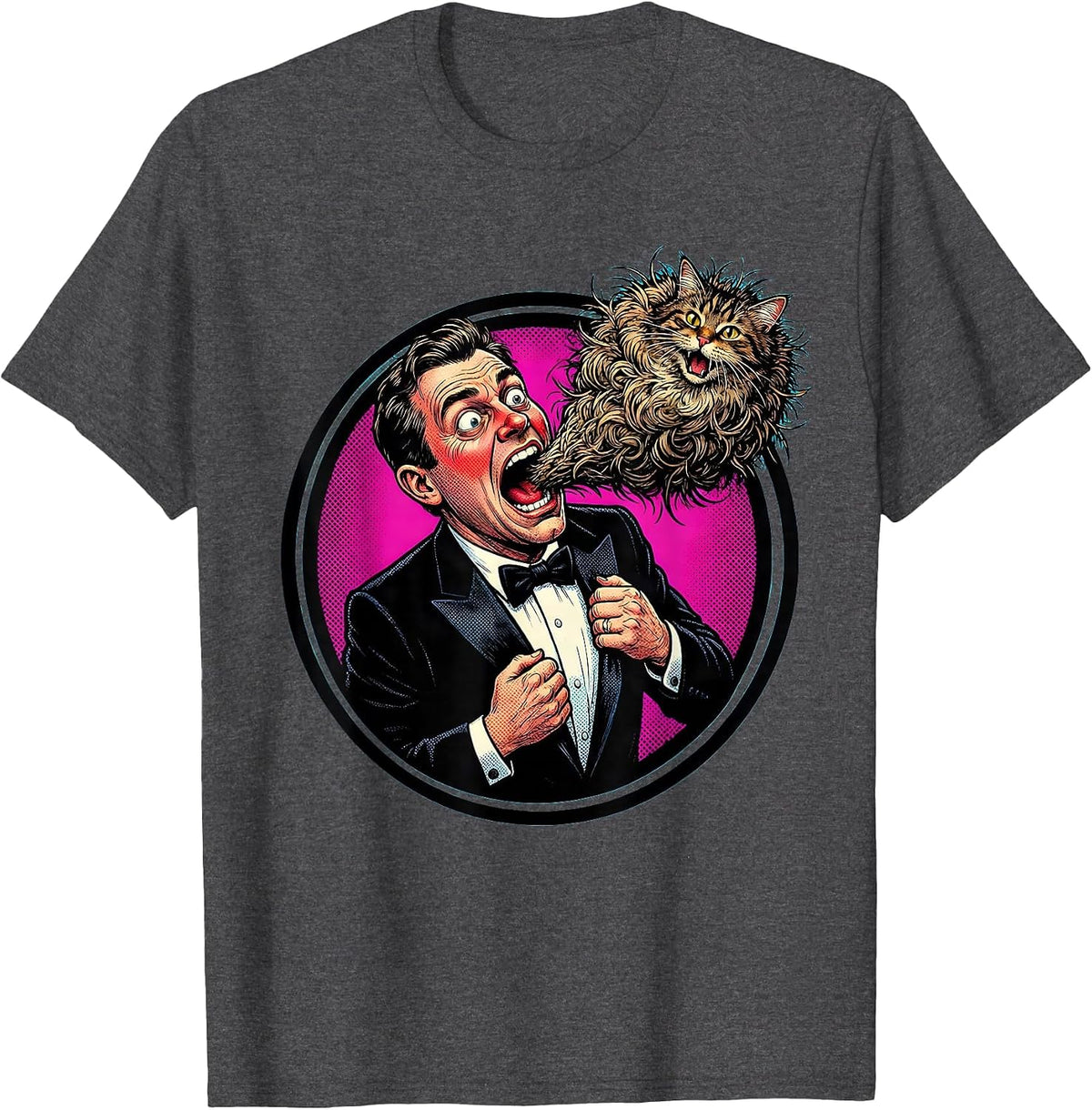 Men's Formal Cat Hairball Funny Feline Tuxedo Design T-Shirt - Dark Heather Grey