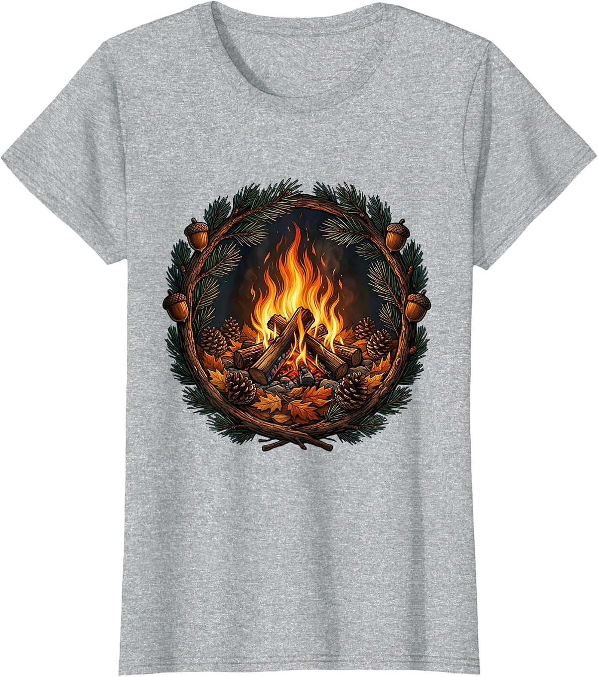 Women's Fall Campfire Pine Cone Autumn Nature Illustration T-Shirt - Heather Grey
