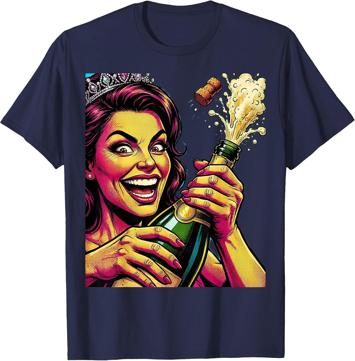 Queen of the Party Champagne Uncorking Design T-Shirt - Navy Blue
