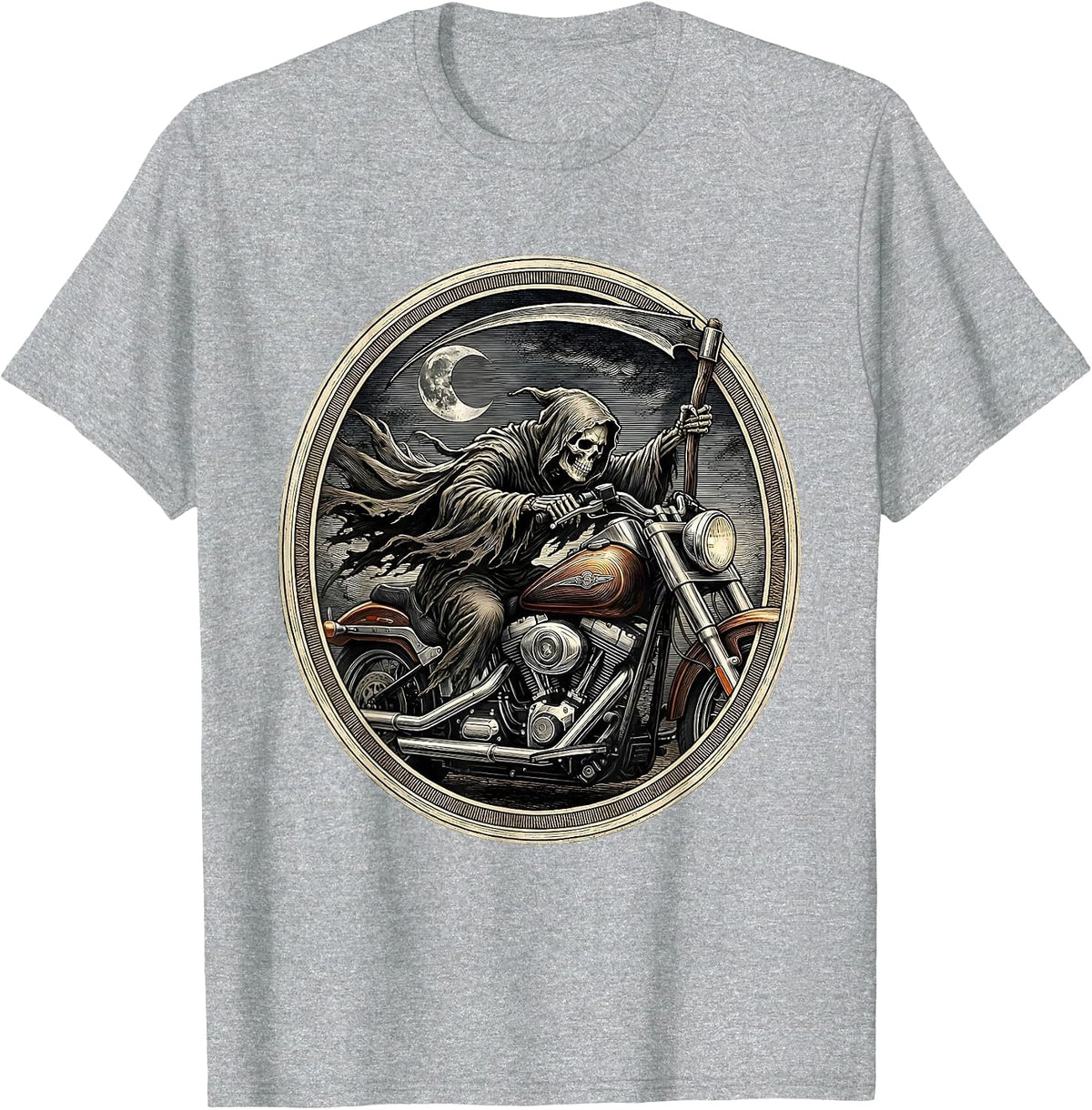 Men's Grim Reaper Motorcycle Night Rider Halloween T-Shirt - Heather Grey