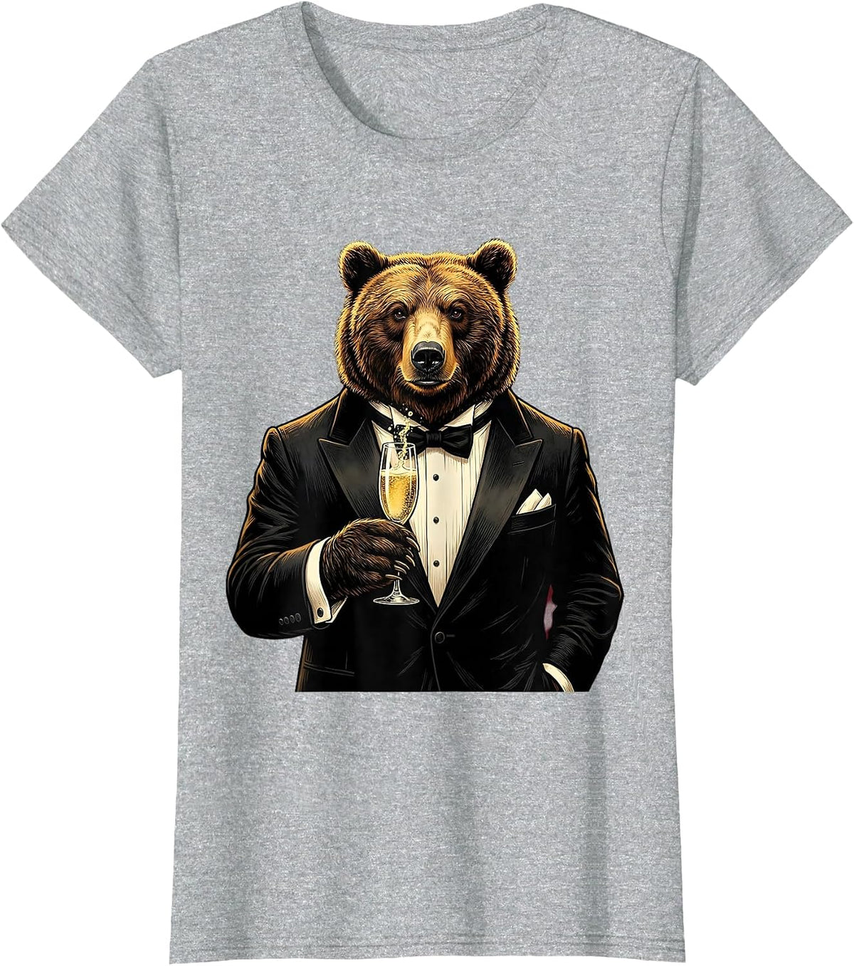Bear in Tuxedo Champagne Glass Illustration T-Shirt - Heather Grey