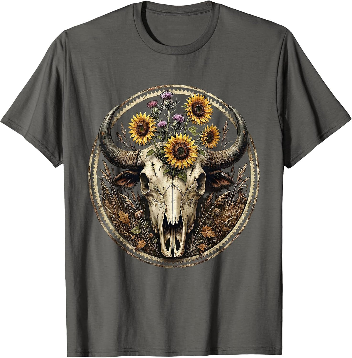 Buffalo Skull Wildflowers Freedom Graphic Design T-Shirt - Asphalt Grey