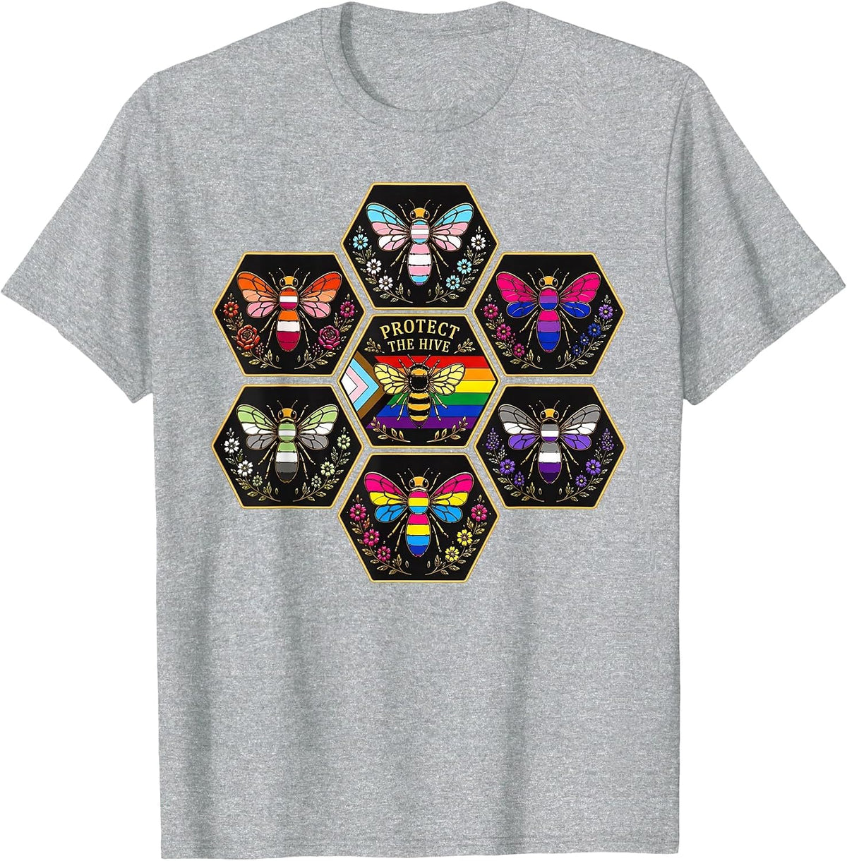 Protect the Hive LGBTQ Bee Bisexual Nature Gay Pride Support T-Shirt - Heather Grey