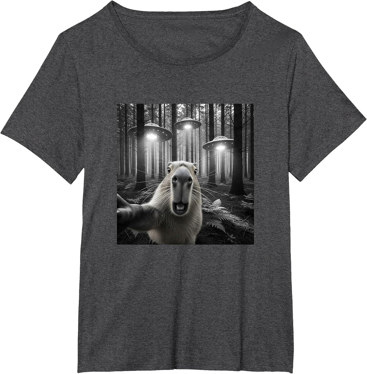 Funny Capybara Selfie with Alien UFO for Men Women Kid T-Shirt - Dark Heather Grey