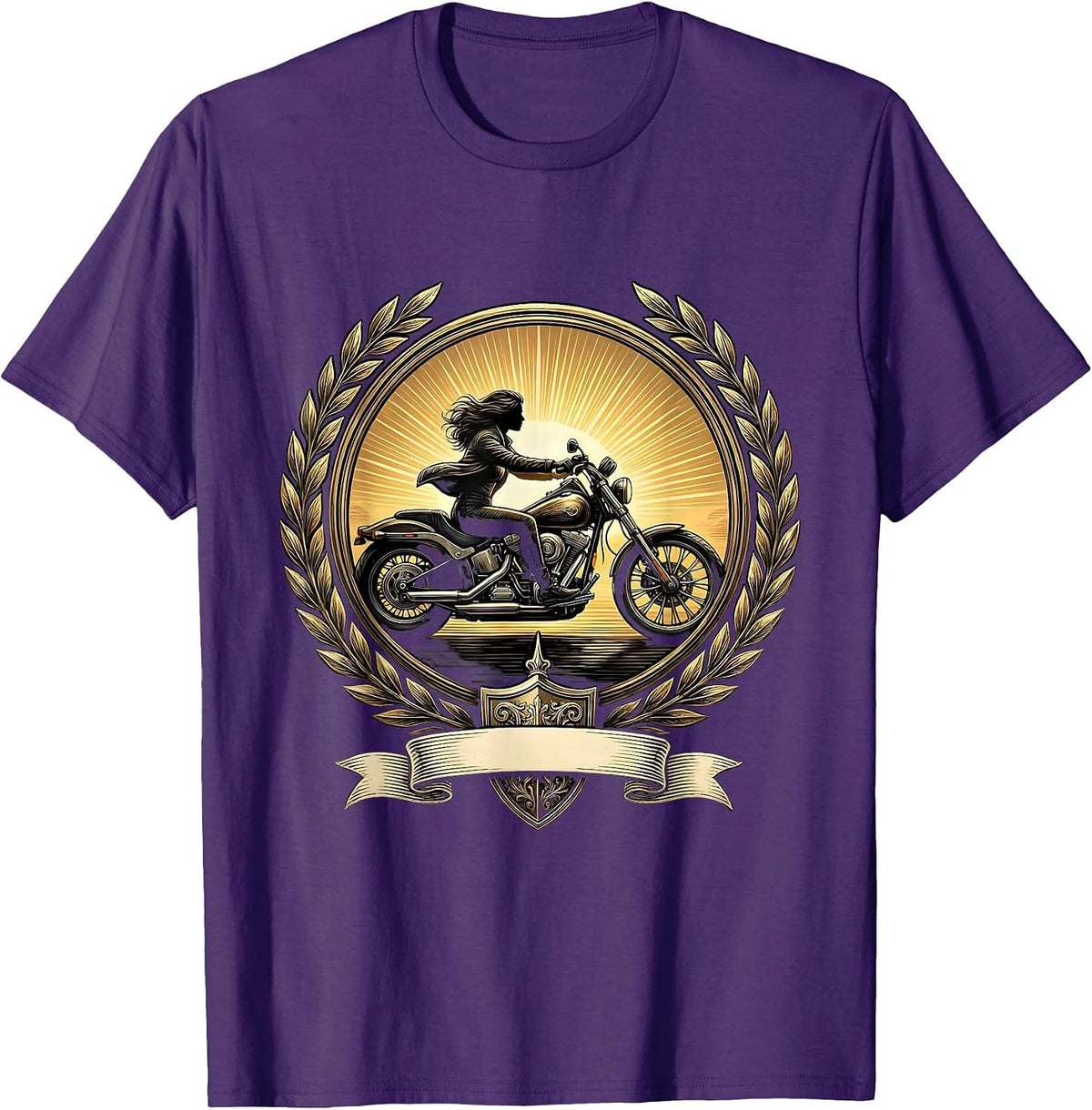 Woman Rider Cruiser Motorcycle Sunset Graphic T-Shirt - Purple