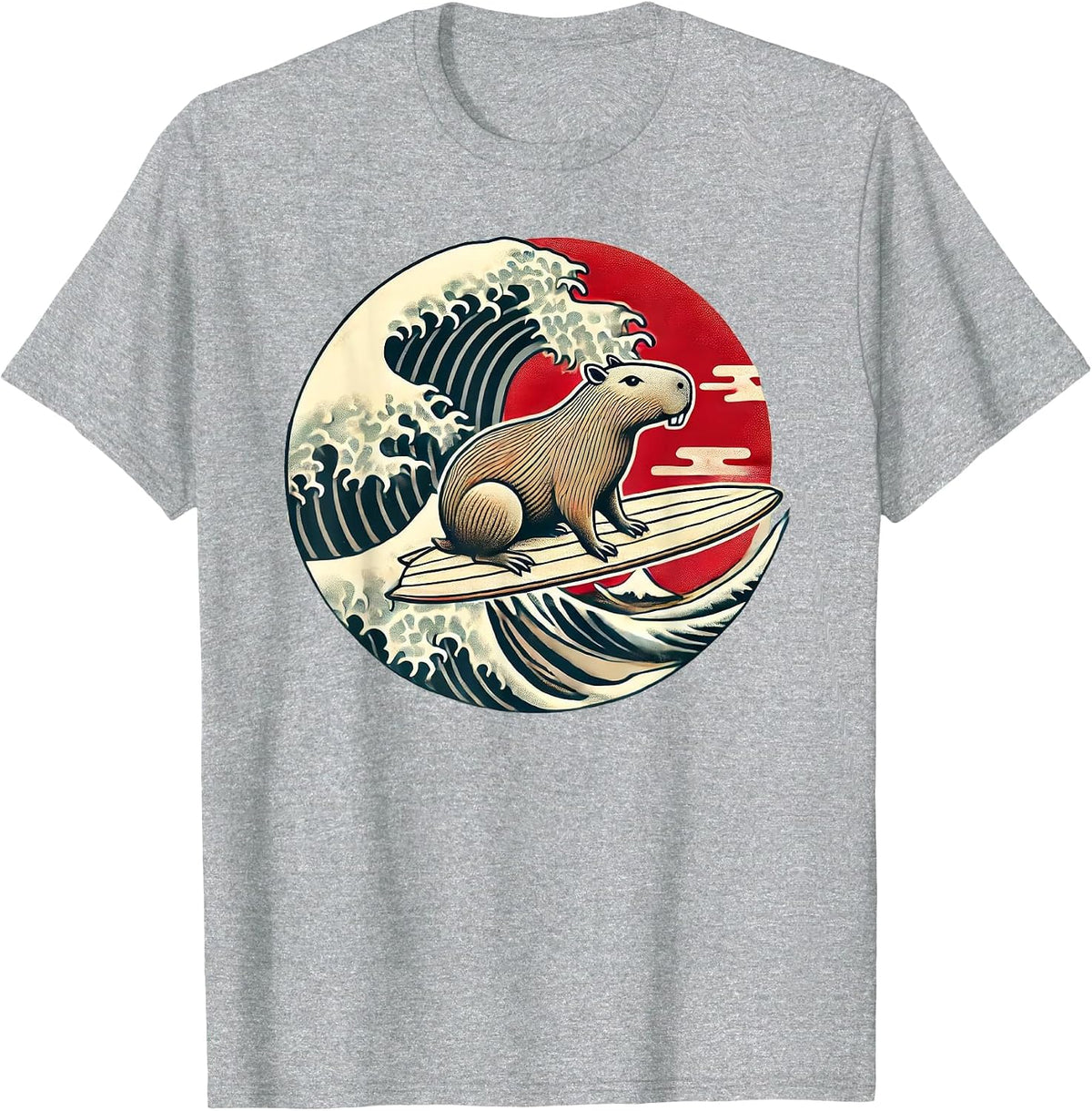 Capybara Japanese Kanagawa Wave Surfing T-Shirt - Heather Grey