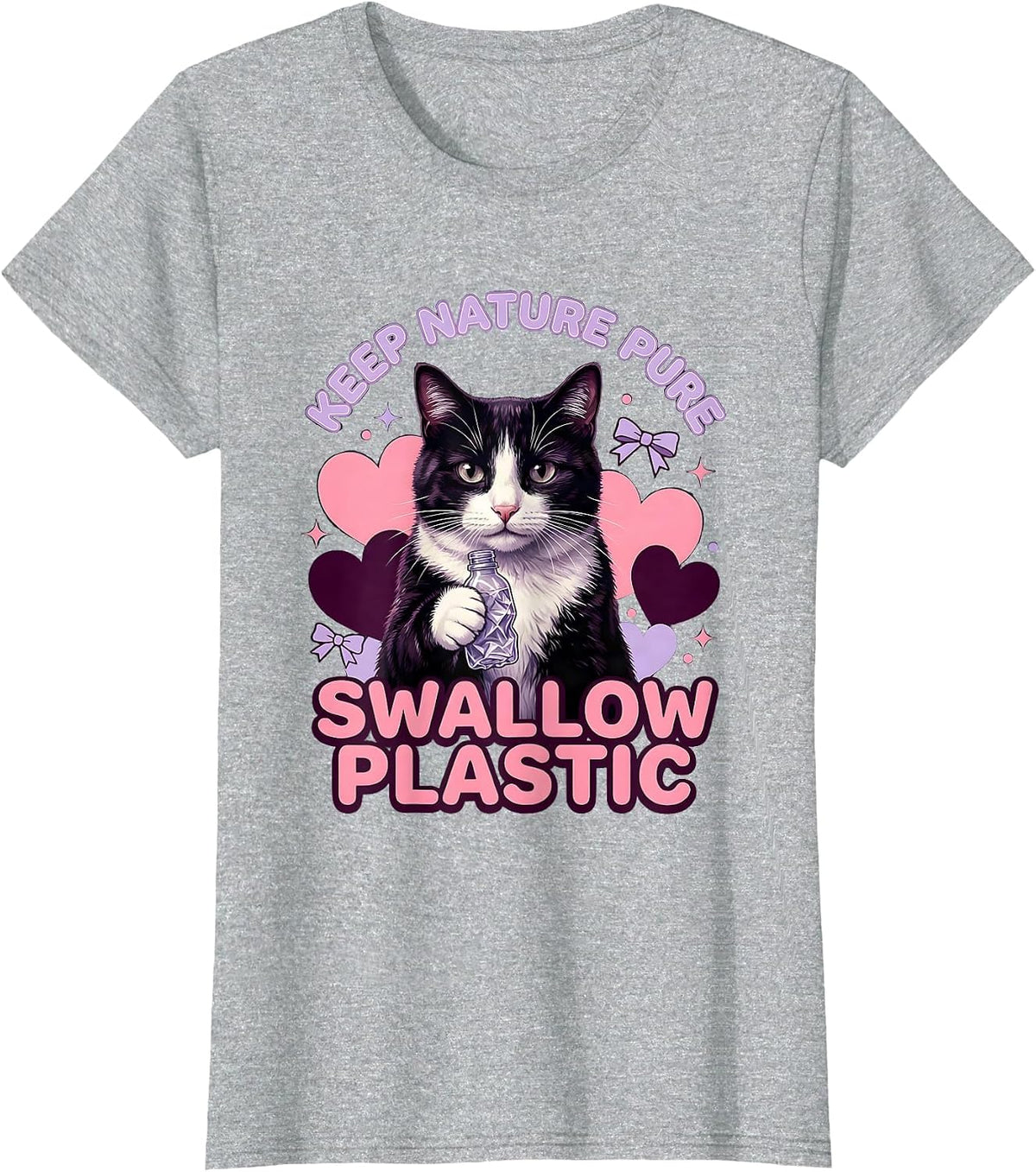 Keep Nature Pure Swallow Plastic Cute Cat Meme Absurdist T-Shirt - Heather Grey