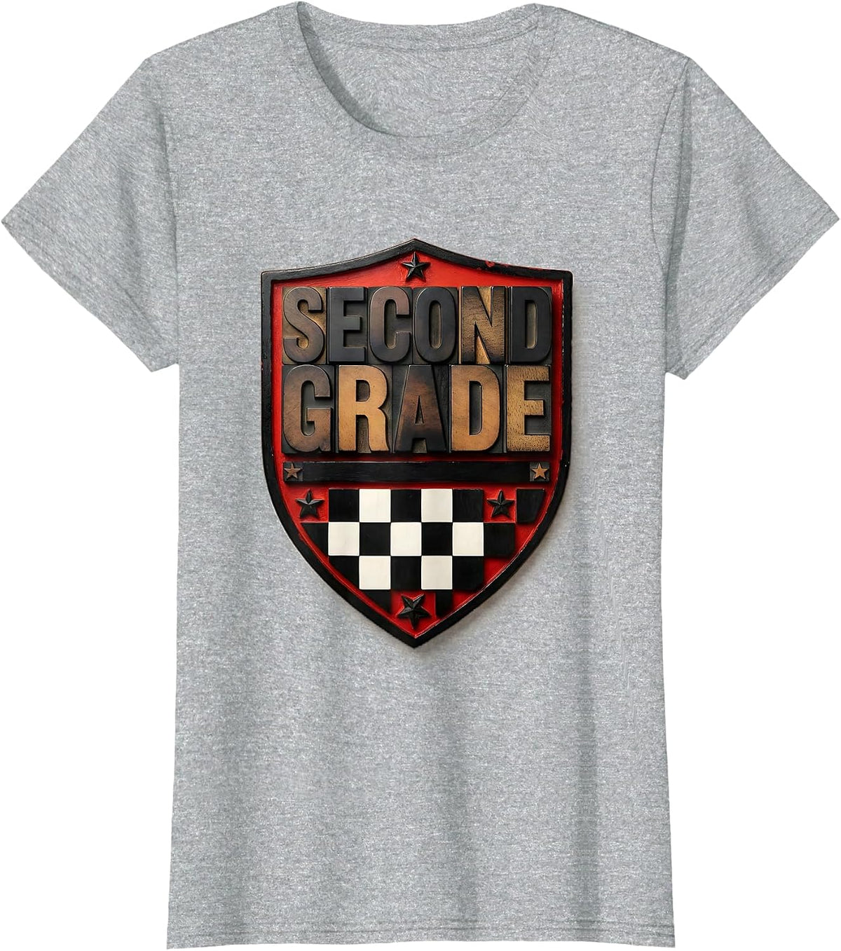 Second Grade Wood Type Letterpress Retro Checkered Back T-Shirt - Heather Grey