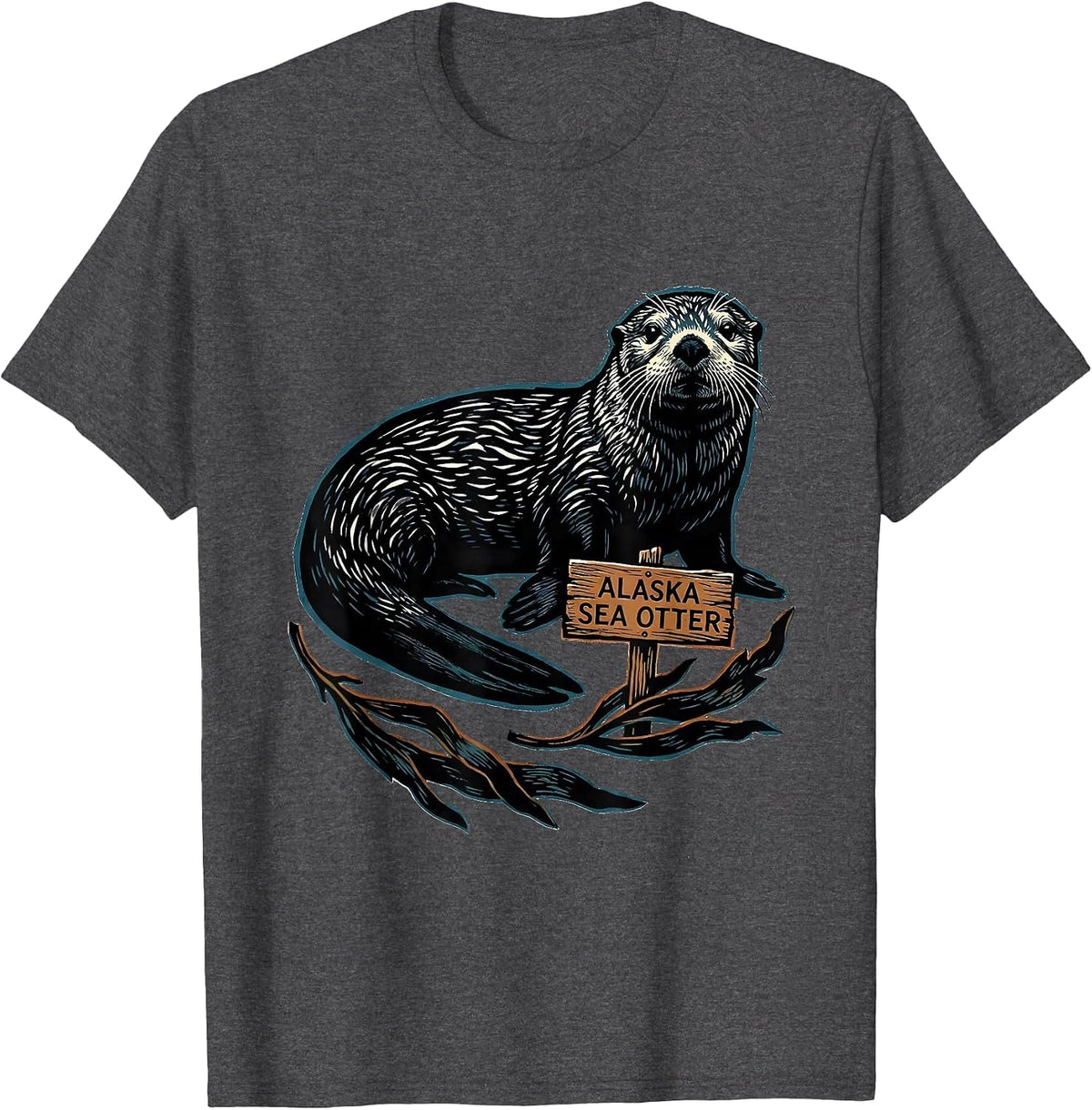 Men's Alaska Sea Otter Linocut Vintage State Pride Wildlife T-Shirt - Dark Heather Grey