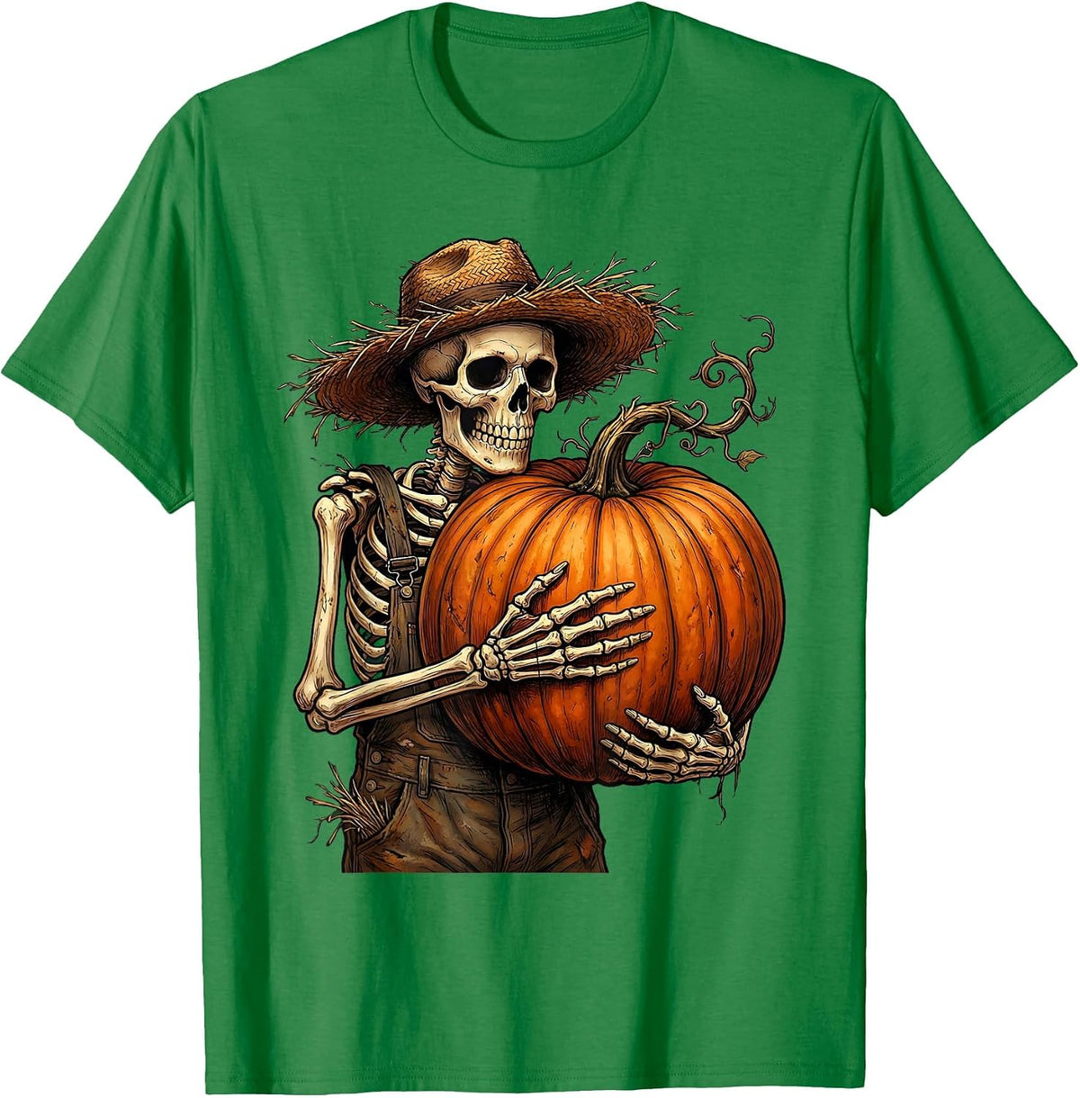 Men's Skeleton Farmer Cradling Pumpkin Halloween Design T-Shirt - Kelly Green