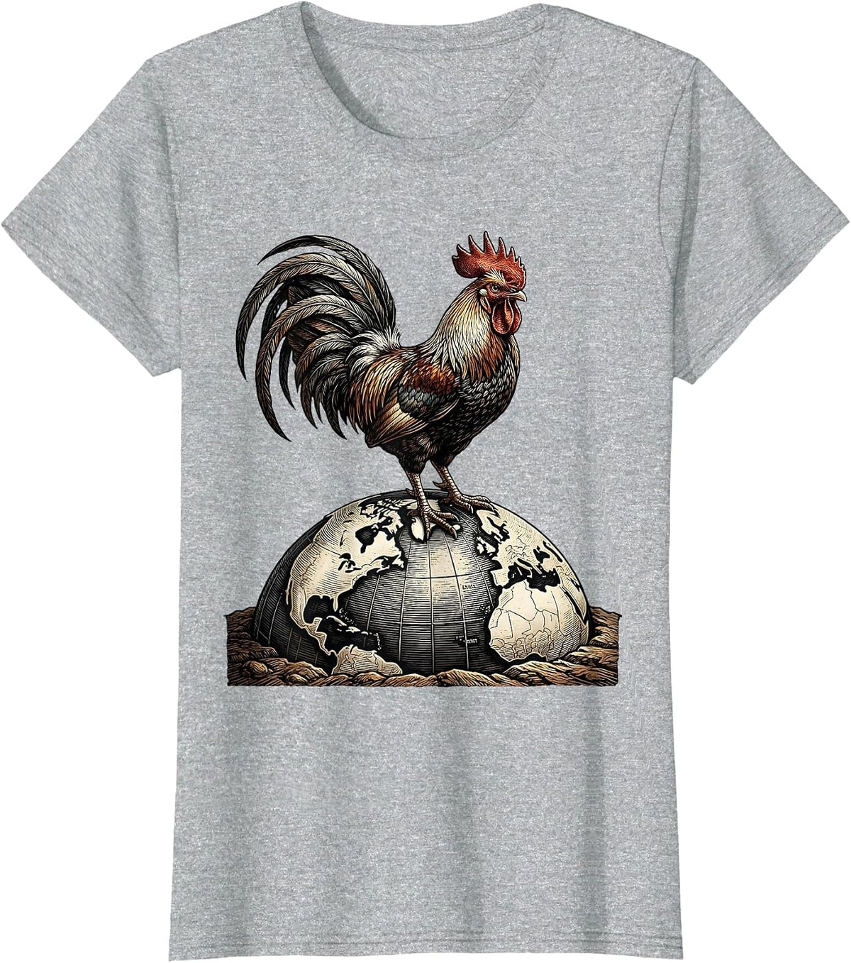 Women's Rooster on the Globe Graphic Design T-Shirt - Heather Grey