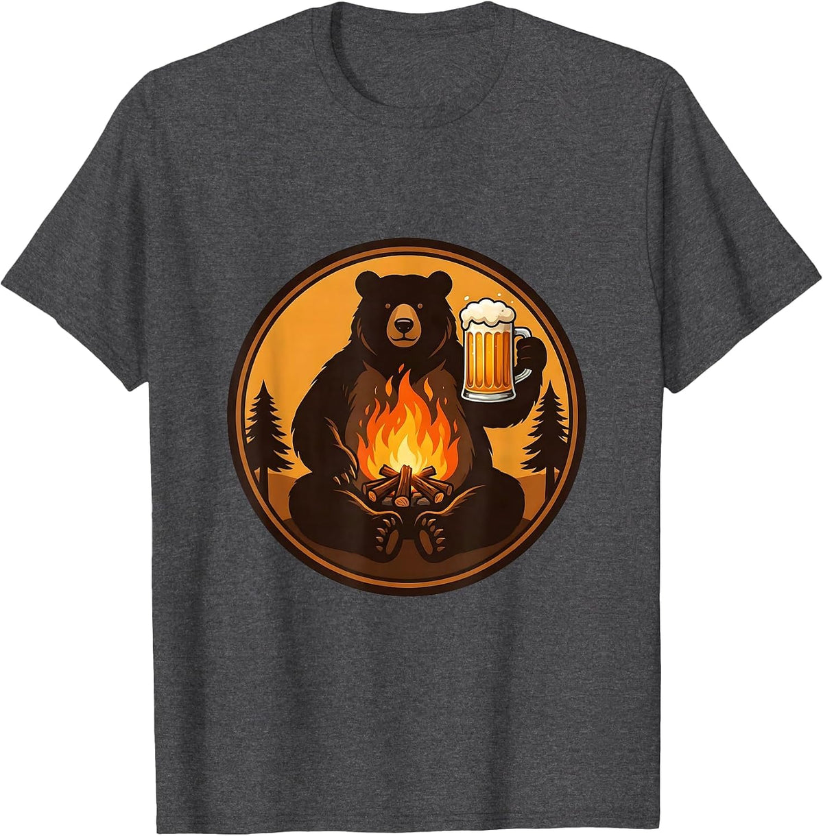 Bear Drinking Beer Campfire Funny Outdoor Humor T-Shirt - Dark Heather Grey