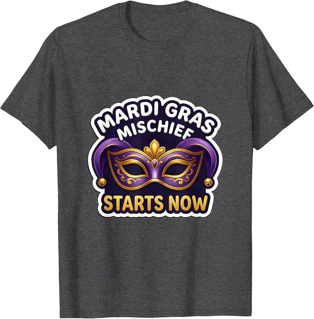 Men's Mardi Gras Mischief Starts Now Jester Mask Carnival Party T-Shirt - Dark Heather Grey