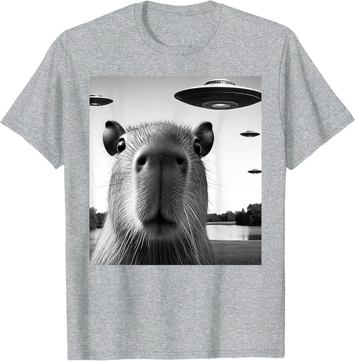 Funny Capybara Selfie with UFOs Weird Graphic T-Shirt - Heather Grey