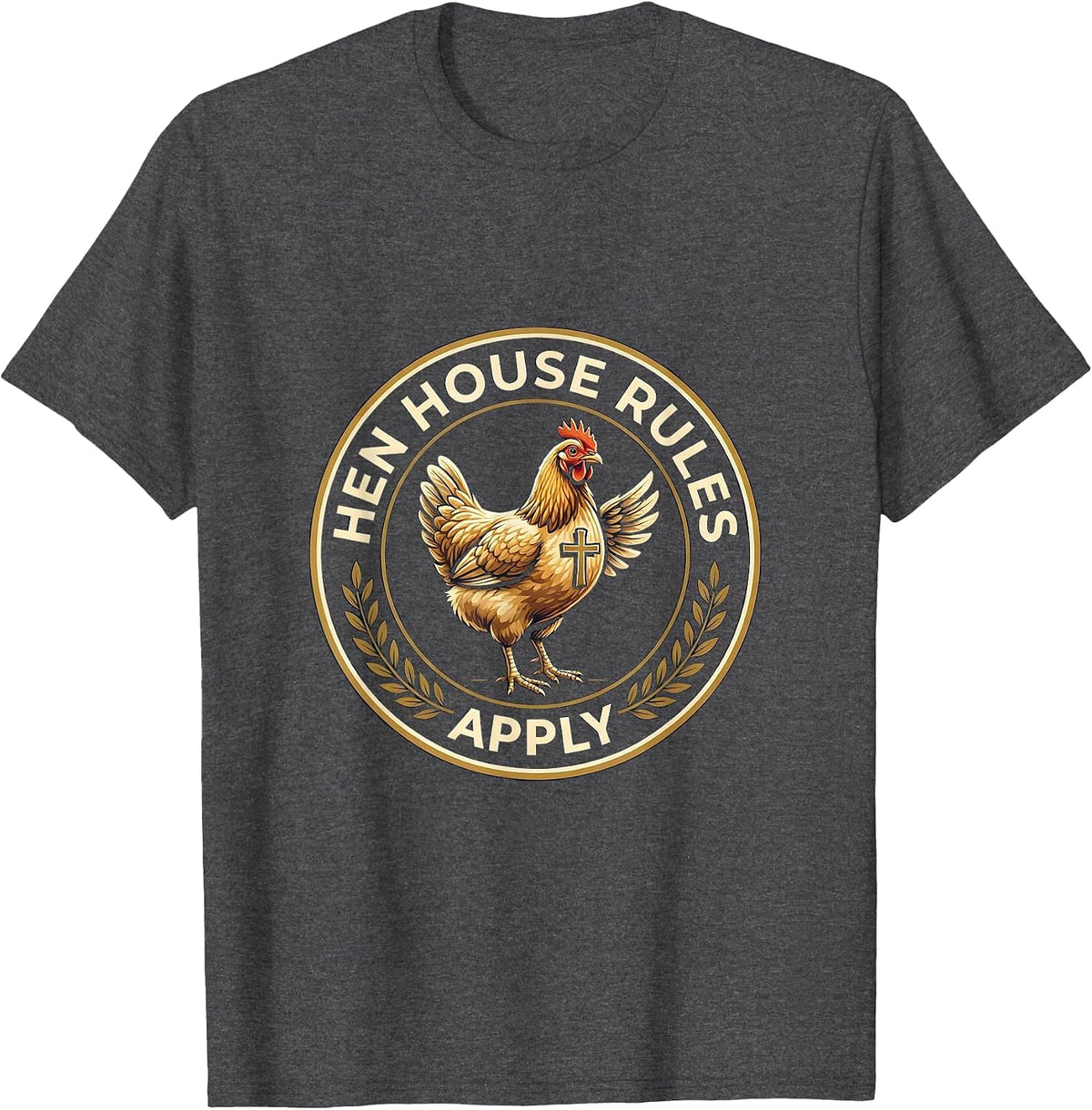 Men's Hen House Rules Apply Funny Chicken Design T-Shirt - Dark Heather Grey