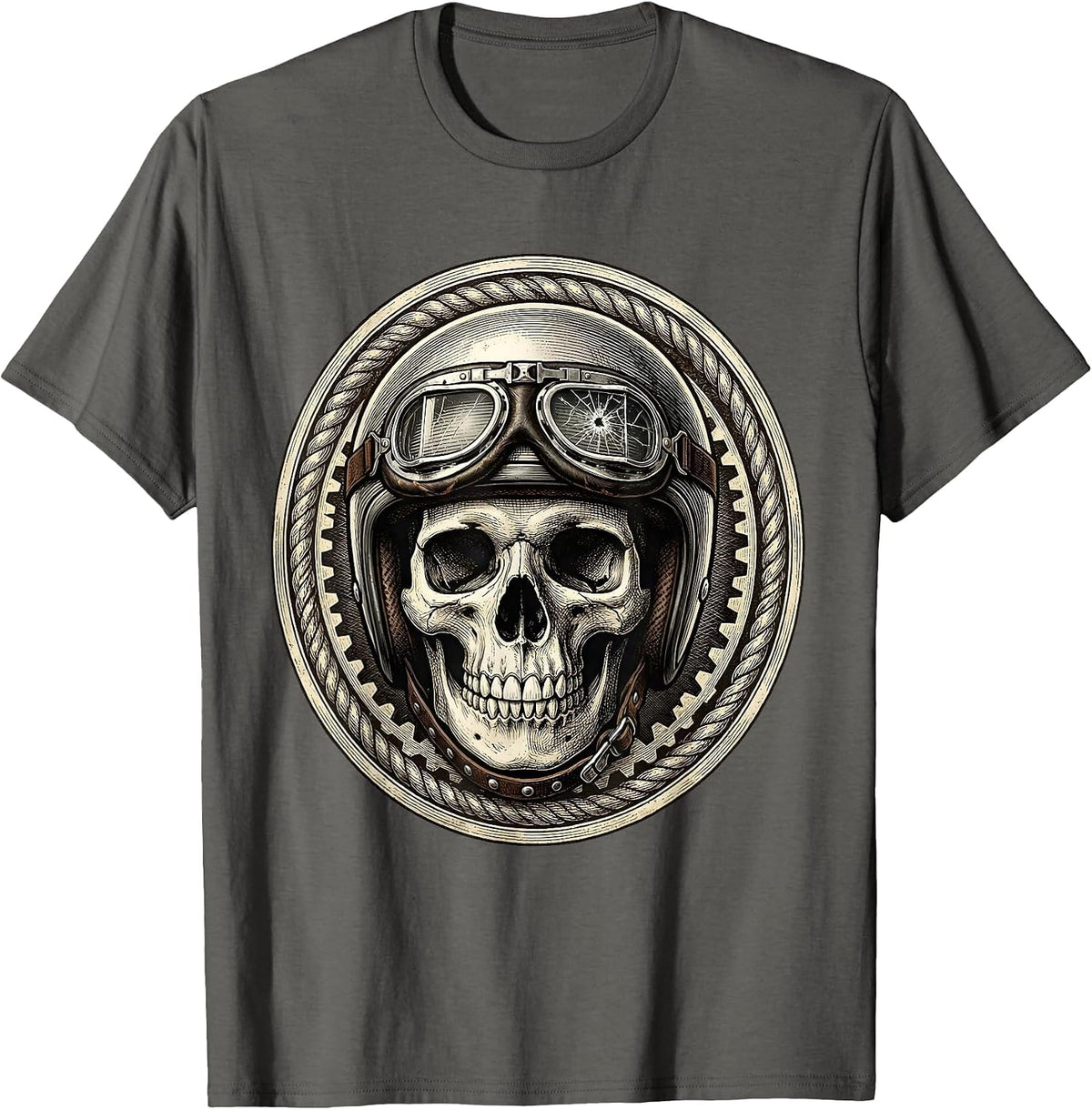 Men's Biker Skull Vintage Motorcycle Helmet Graphic T-Shirt - Asphalt Grey