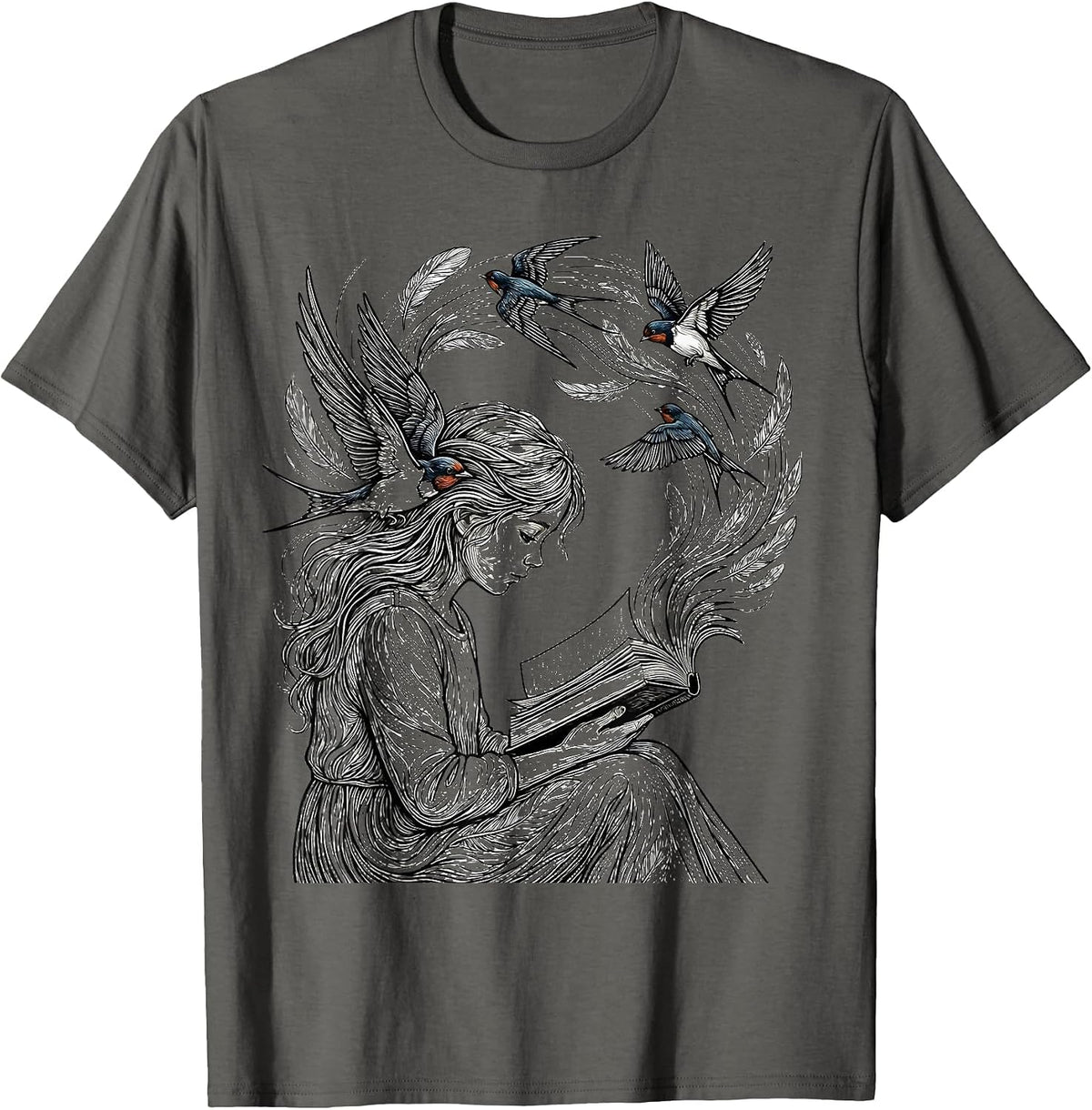 Men's Autism Awareness Reading Girl Birds Illustration T-Shirt - Asphalt Grey