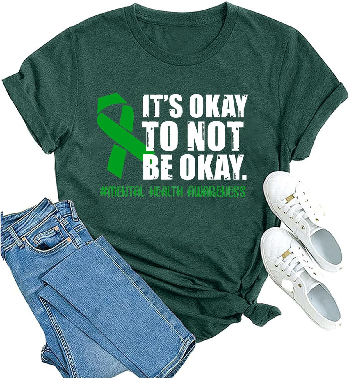 Womens Green Ribbon Awareness Shirts Mental Health Matters Tshirt Inspirational Tee Top - Green