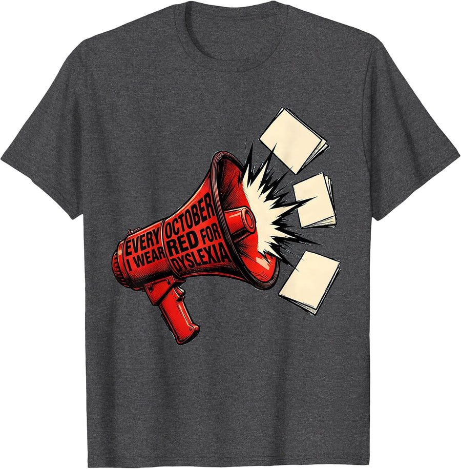 Men's Every October, I Wear Red For Dyslexia Comic Book Dyslexia T-Shirt - Dark Heather Grey