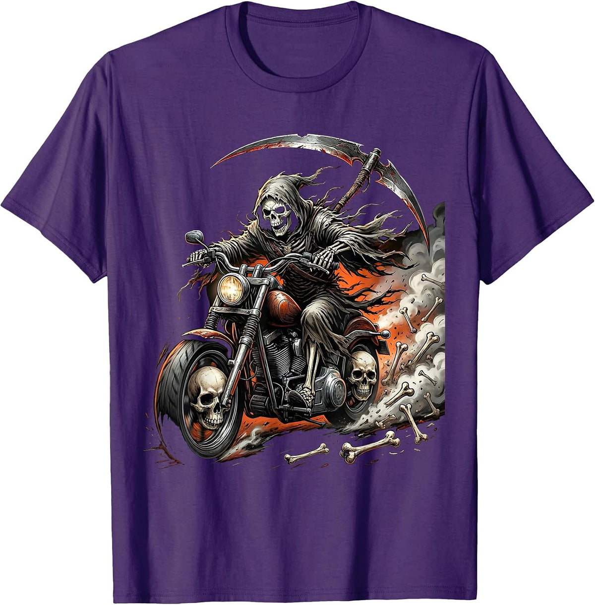 Grim Reaper Motorcycle Rider Halloween Graphic T-Shirt - Purple