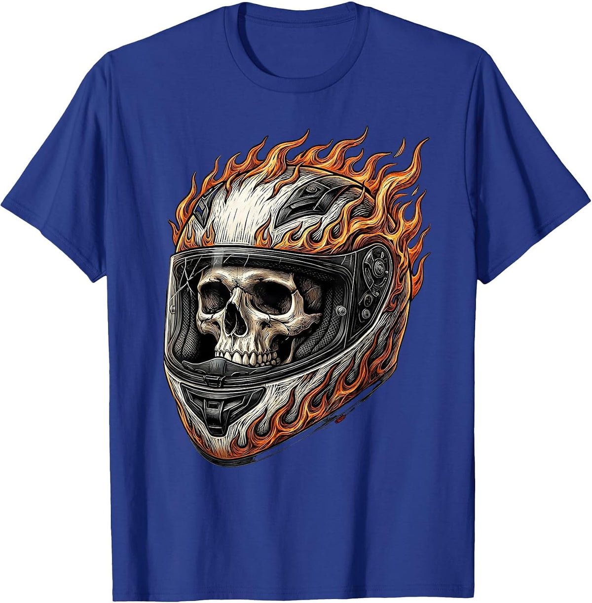 Men's Skull Motorcycle Helmet Flames Biker Graphic T-Shirt - Royal Blue