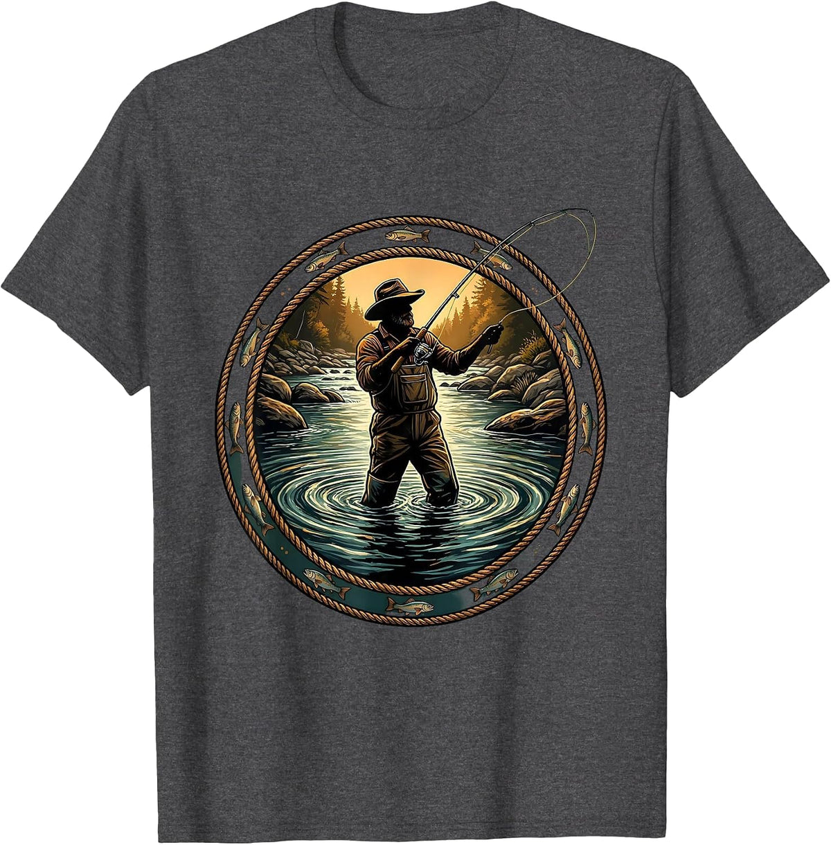 Fly Fishing Waders Deep River Fisherman Graphic T-Shirt - Dark Heather Grey