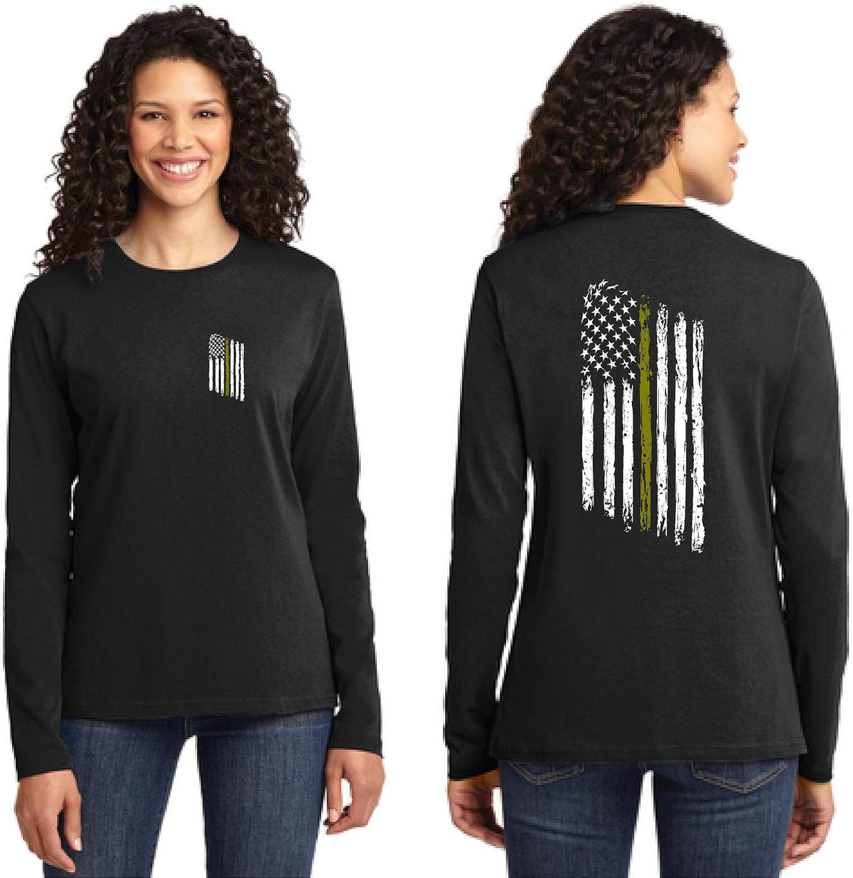 Women's Thin Gold Line Tattered American Flag Dispatcher Long Sleeve Shirt - Black
