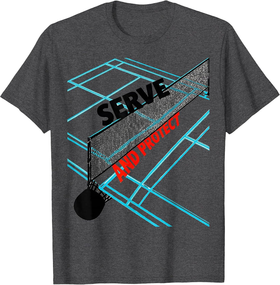 Men's Serve And Protect New Wave Typography Racket Sport Player T-Shirt - Dark Heather Grey