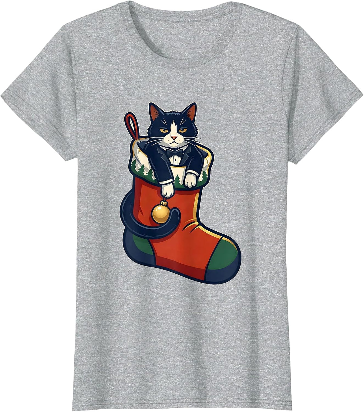 Women's Deadpan Tuxedo Cat Oversized Christmas Stocking Holiday T-Shirt - Heather Grey