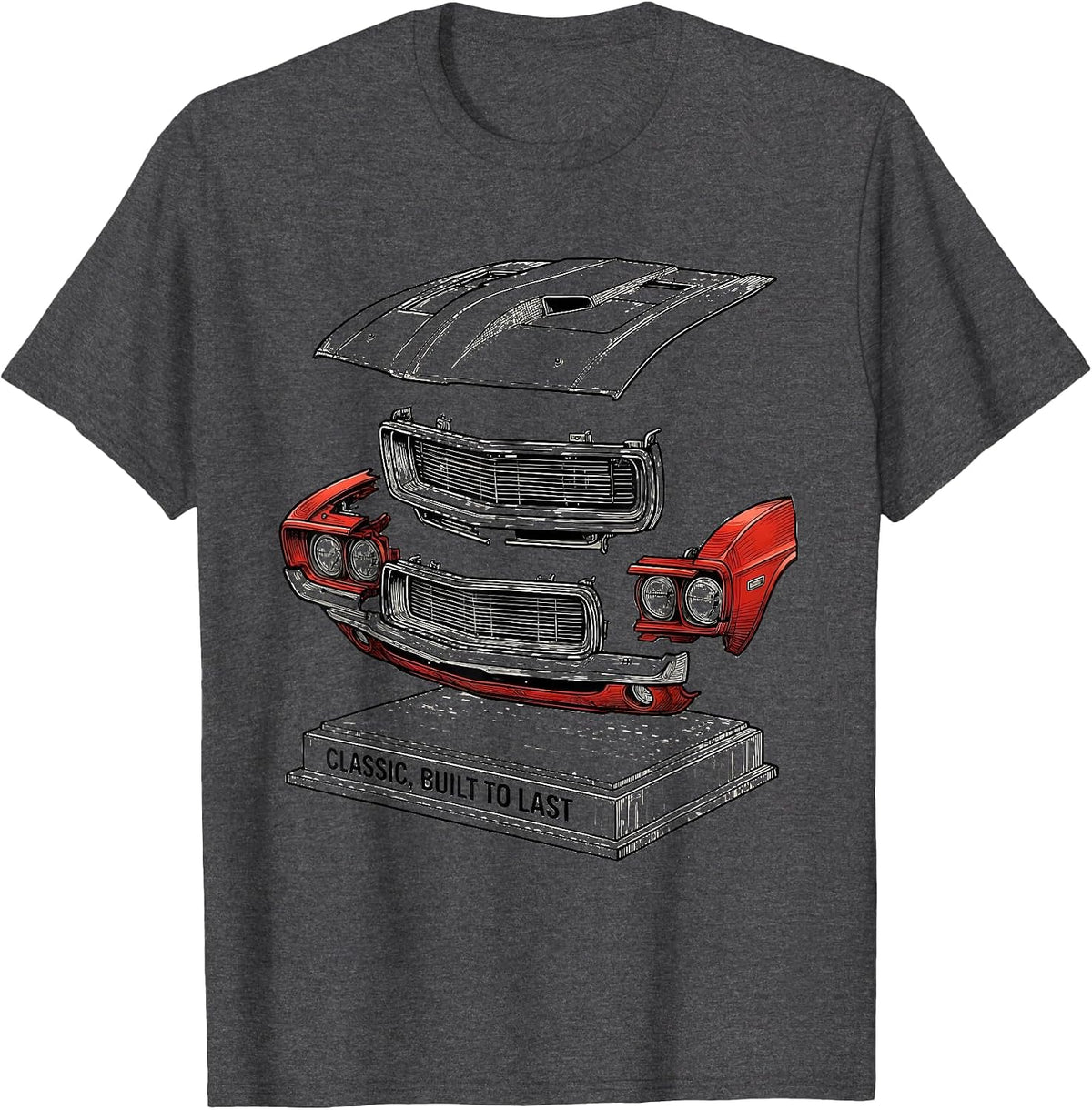 Men's Classic Built To Last Vintage Muscle Car Racing Enthusiast T-Shirt - Dark Heather Grey