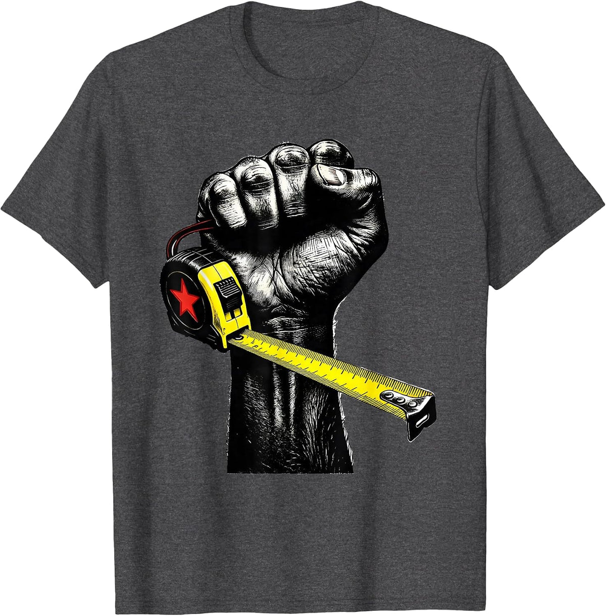 Men's Stencil Fist Tape Measure Labor Day Patriotic Americana T-Shirt - Dark Heather Grey