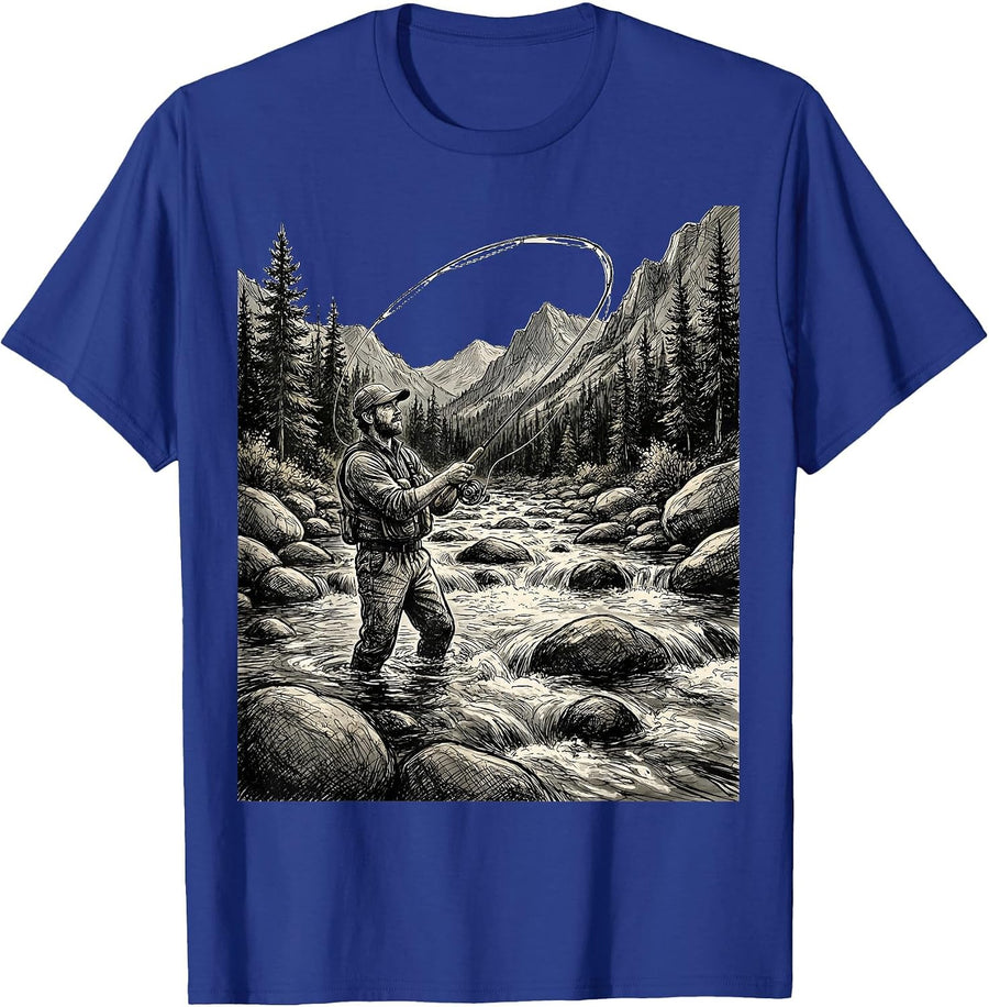 Fly Fisherman Wading Mountain Stream Graphic T-Shirt - Royal Blue