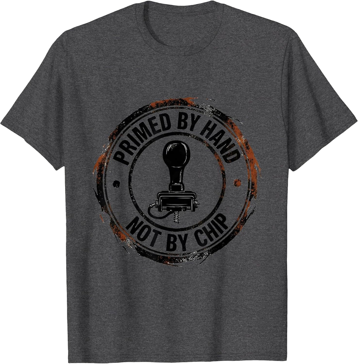 Men's Primed By Hand Not By Chip Vintage Muscle Car Racing T-Shirt - Dark Heather Grey
