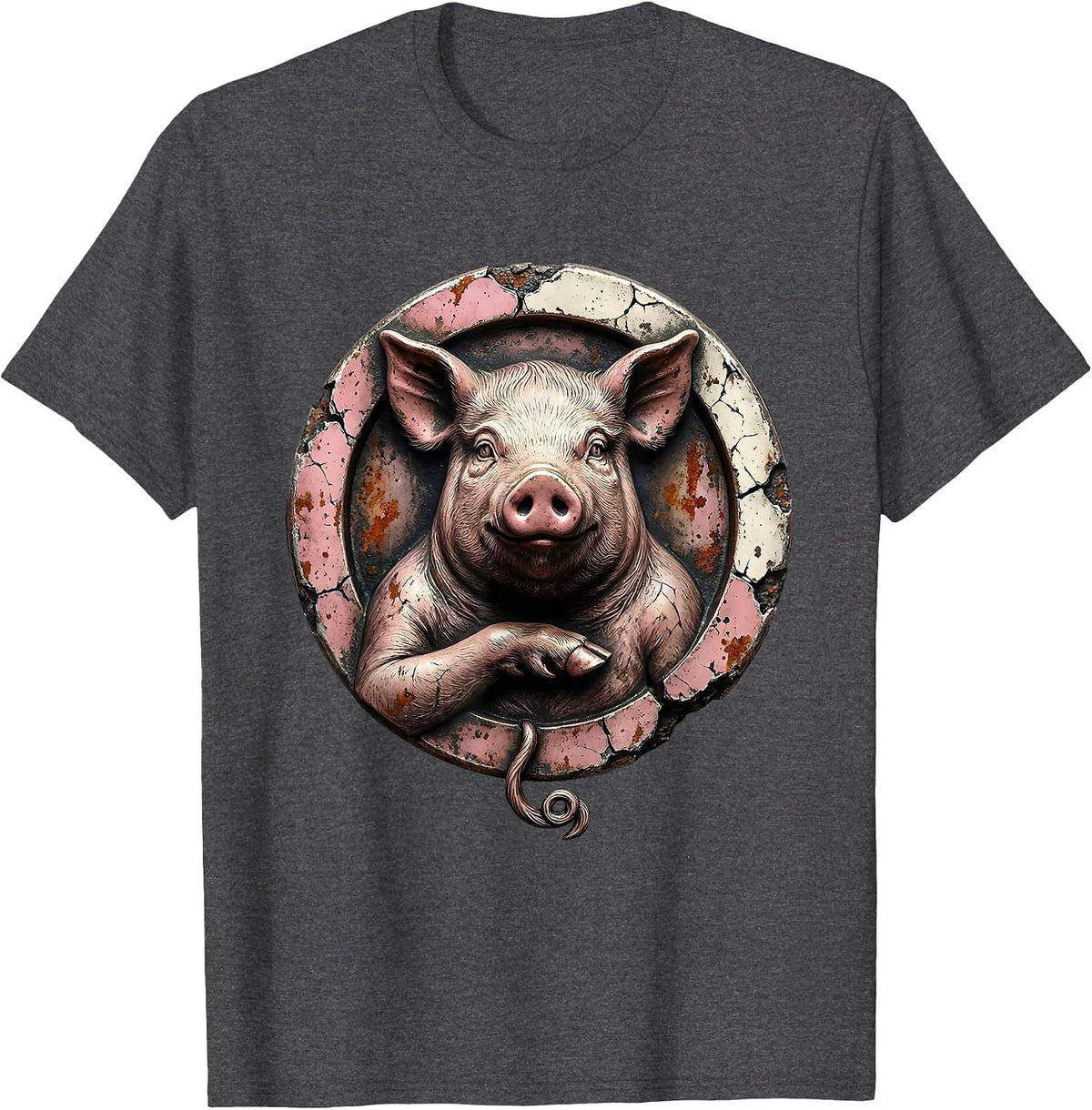 Men's Distressed Pig Badge Farm Animal Lover Humor T-Shirt - Dark Heather Grey