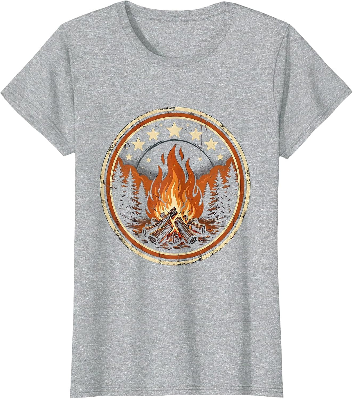 Campfire Under a Starry Night Sky Illustration T-Shirt - Heather Grey