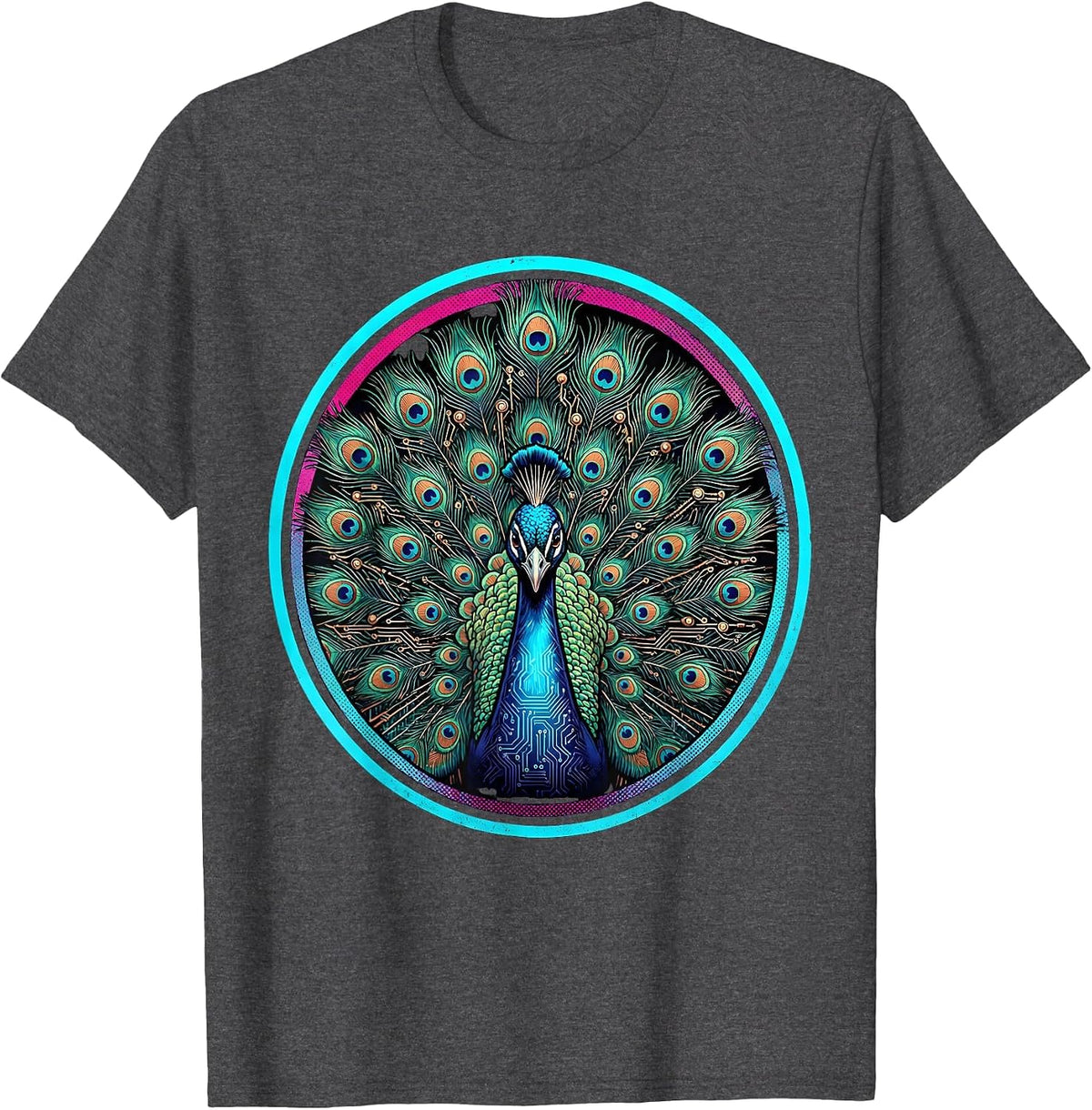 Men's Peacock Circuit Board Autism Awareness Design T-Shirt - Dark Heather Grey