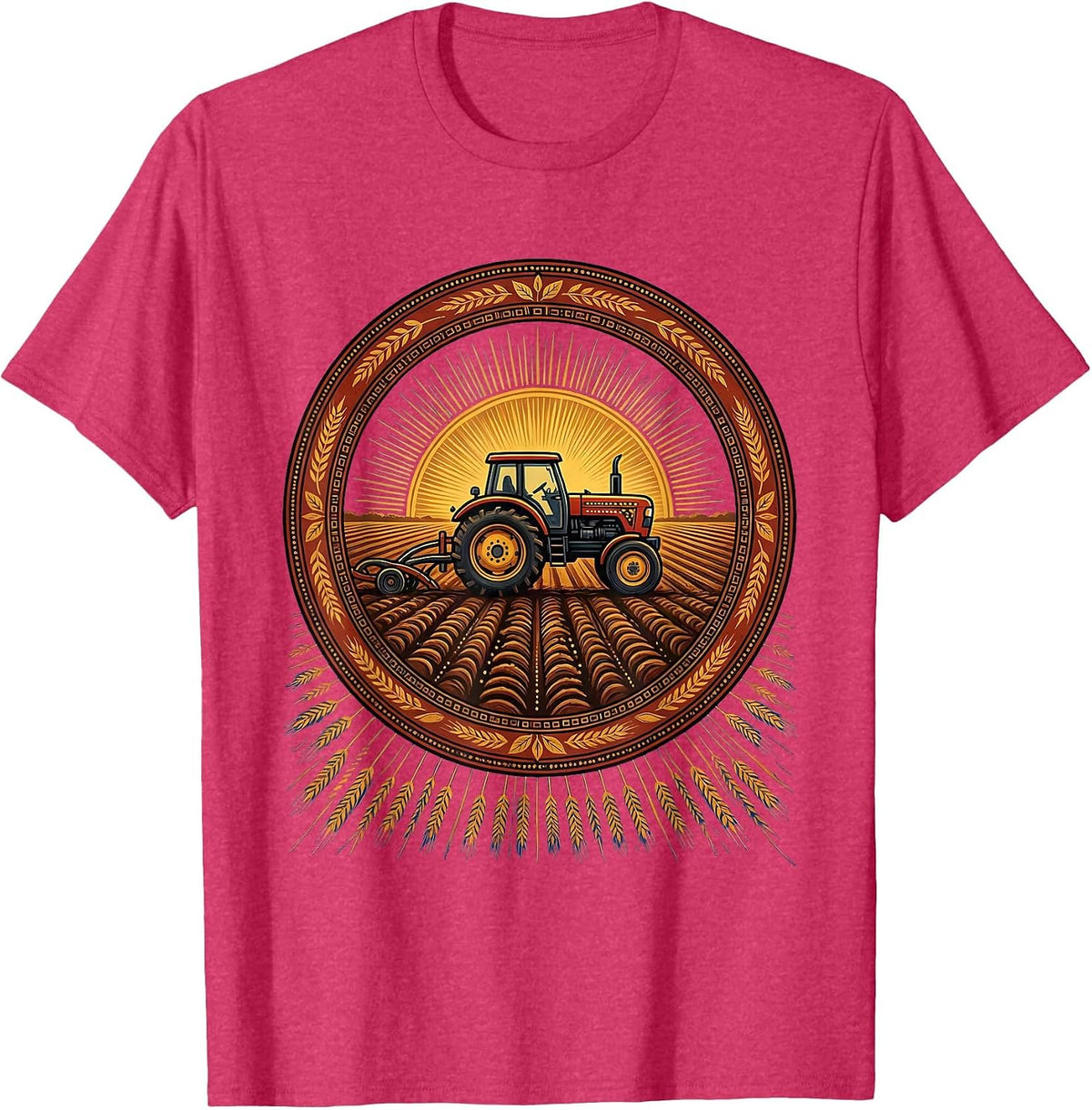 Tractor Plowing Field Open Blue Sky Illustration T-Shirt - Red Heather