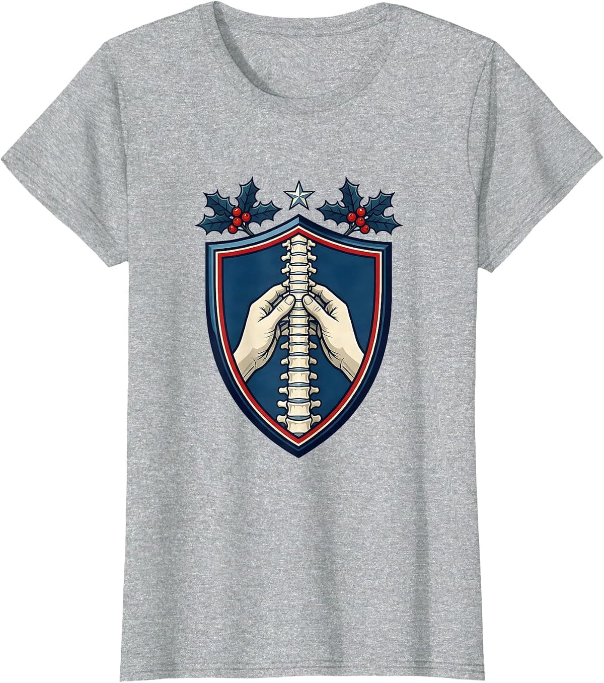 Women's Shield Spine Alignment Chiropractor Christmas Humor T-Shirt - Heather Grey