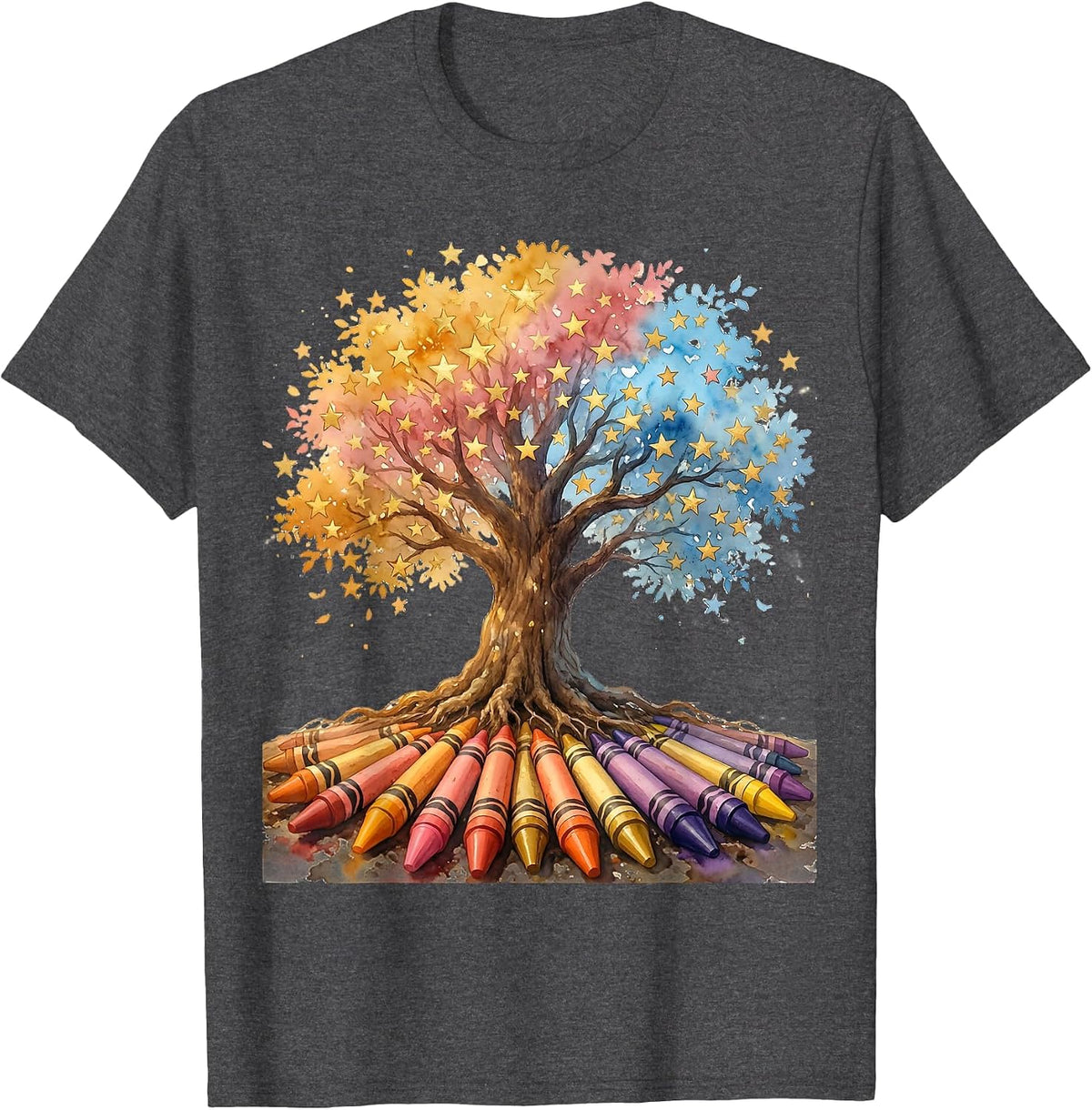 Special Education Teacher Crayon Tree Stars Design T-Shirt - Dark Heather Grey