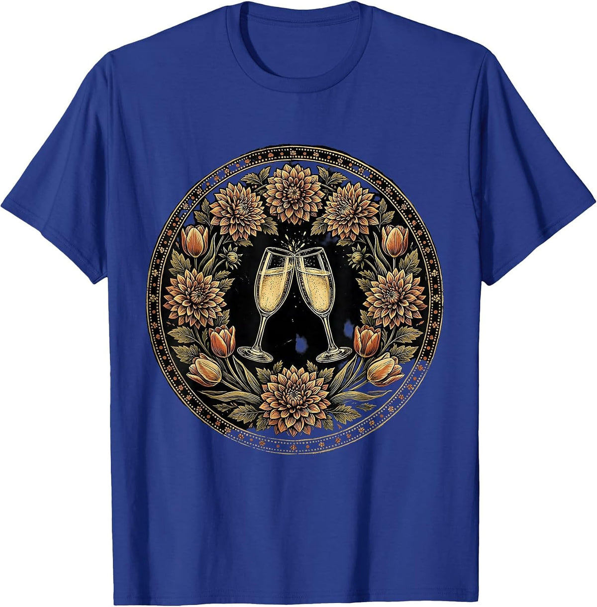 Champagne Flutes Floral Wreath Celebration Design T-Shirt - Royal Blue