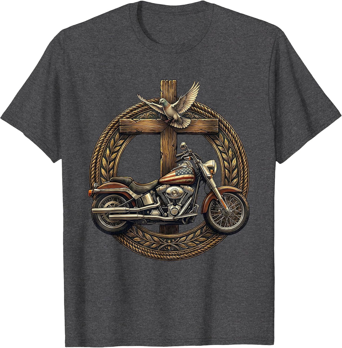 Men's Patriotic Vintage Motorcycle Flag Tank Illustration T-Shirt - Dark Heather Grey