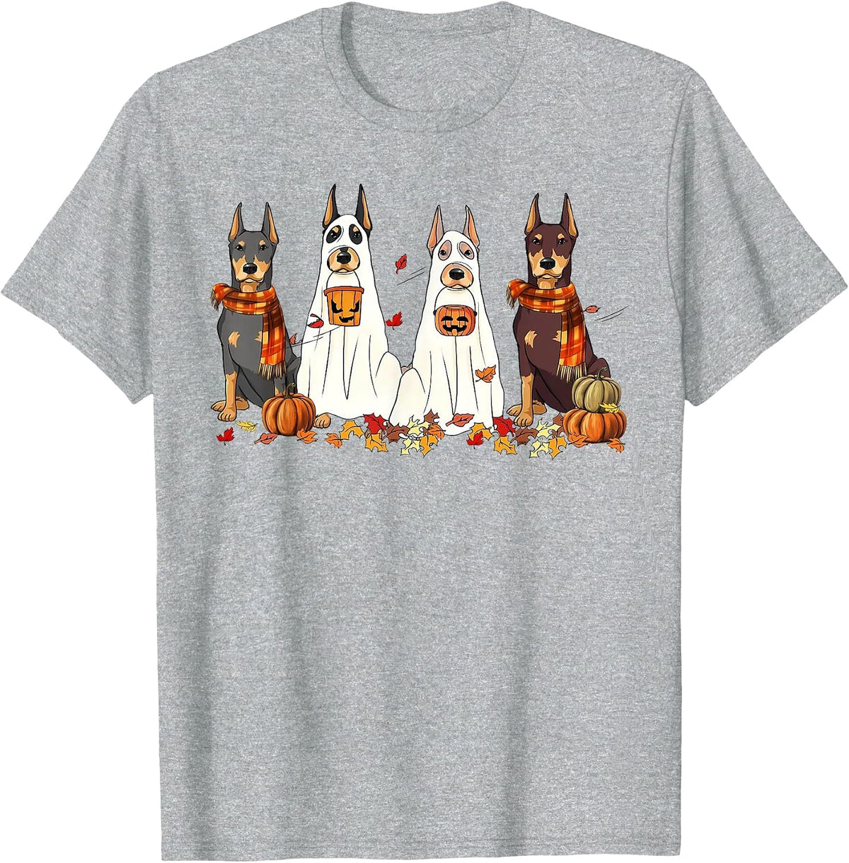 Funny Doberman Dog Ghost Fall Autumn Leaves Thanksgiving T-Shirt - Heather Grey