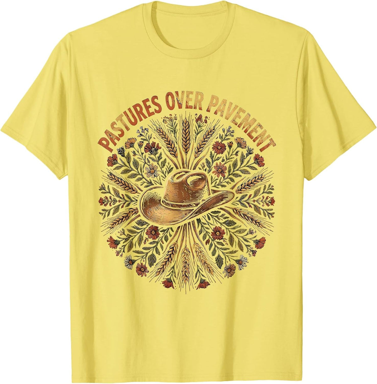 Men's Pastures Over Pavement Country Life Design T-Shirt - Lemon Yellow